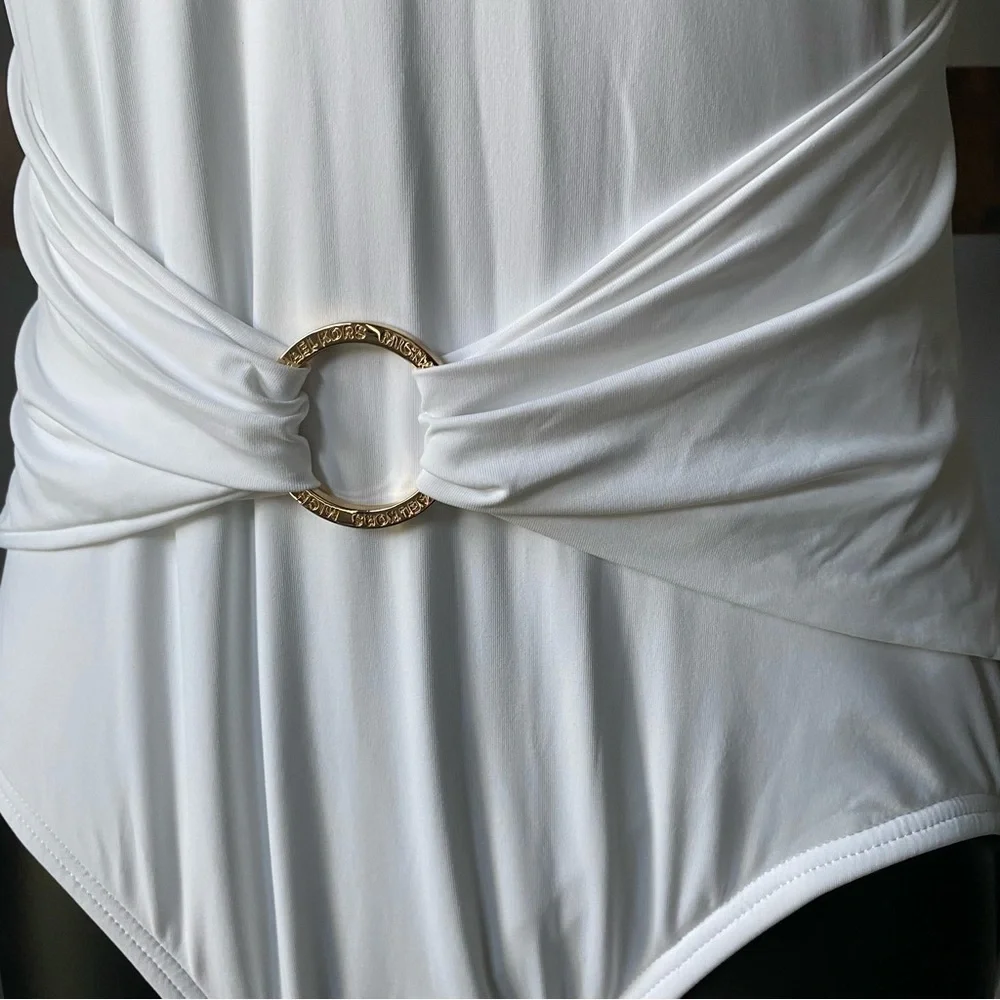 Michael Michael Kors White Stretch Tummy Control Sash-Ring V Neck Swimsuit 10 - Picture 3 of 7